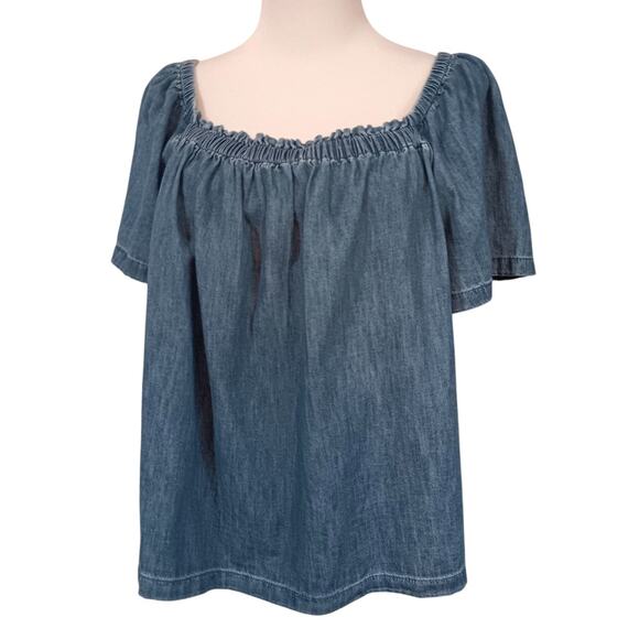 NEW GAP Boho Peasant Top Large Square Gathered Neck Milkmaid Cotton Light Denim - Picture 6 of 7